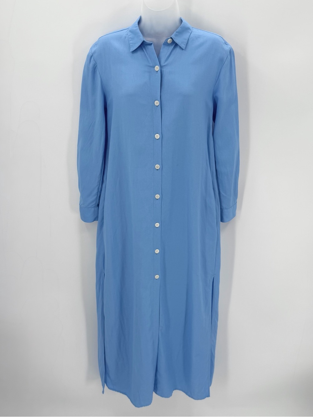 Loft Petites Dress Womens SP Blue Linen Blend Maxi Shirtdress Shift Pockets READ